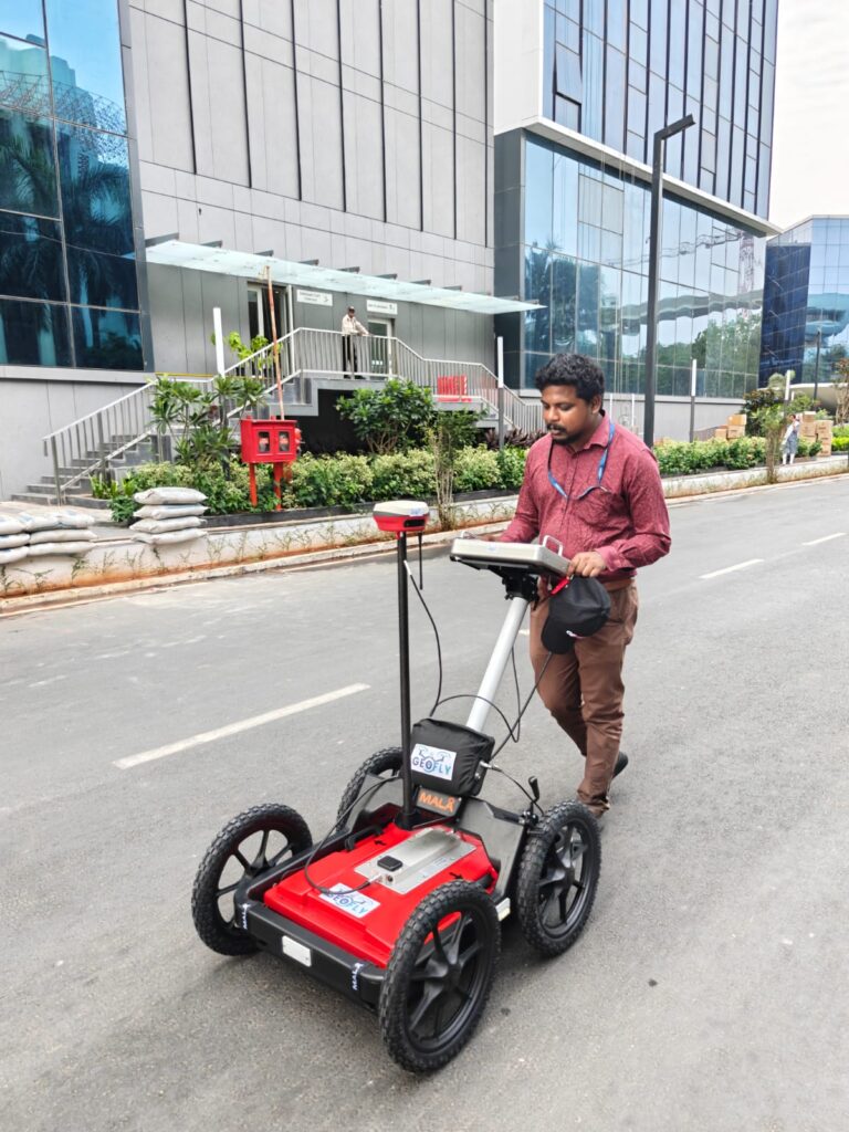 Ground Penetrating Radar (GPR) survey being conducted with MALA GPR equipment for underground utility mapping and subsurface investigation.